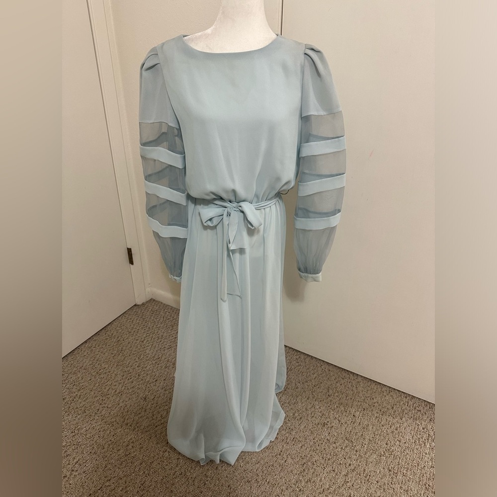 Ursula of Switzerland Vintage Blue Dress/ Belt Long Sleeve Sz 13/14